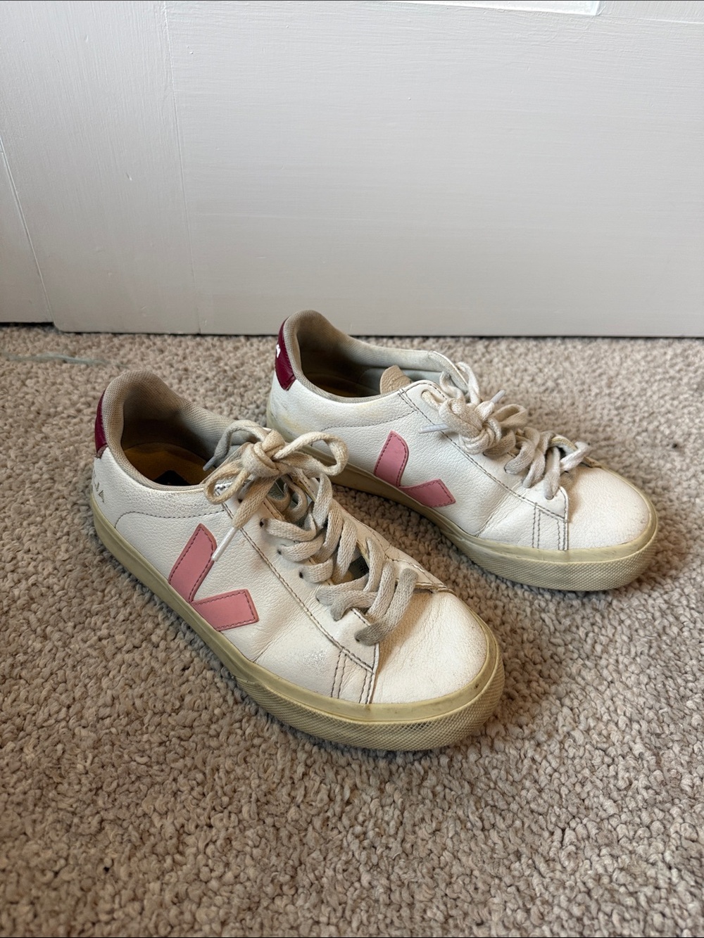 Veja Women's White Leather Sneakers with Pink V and Burgundy Heel Tab